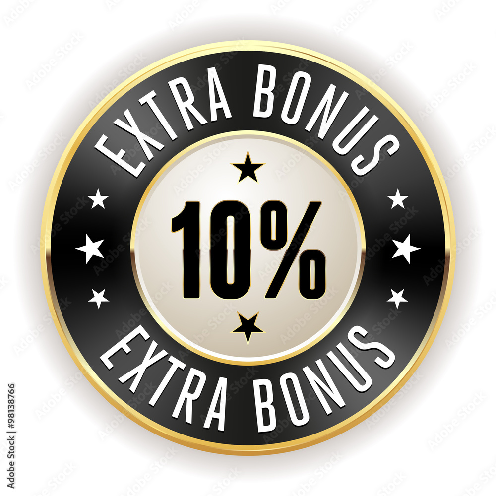 Black 10% extra bonus button with gold border