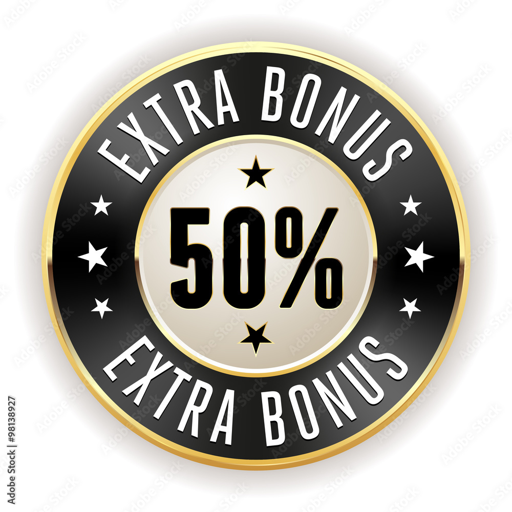 Black 50% extra bonus button with gold border