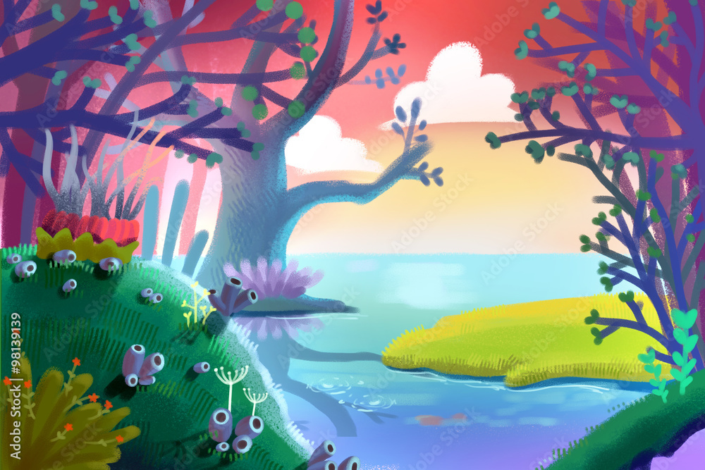 Illustration for Children: A Small Green Grass Field inside the Magical Forest by the Riverside. Realistic Fantastic Cartoon Style Artwork / Story / Scene / Wallpaper / Background / Card Design
