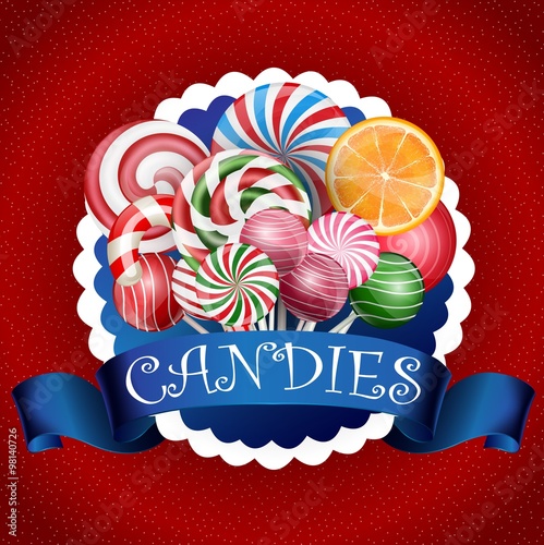Colorful candy background with realistic blue ribbon