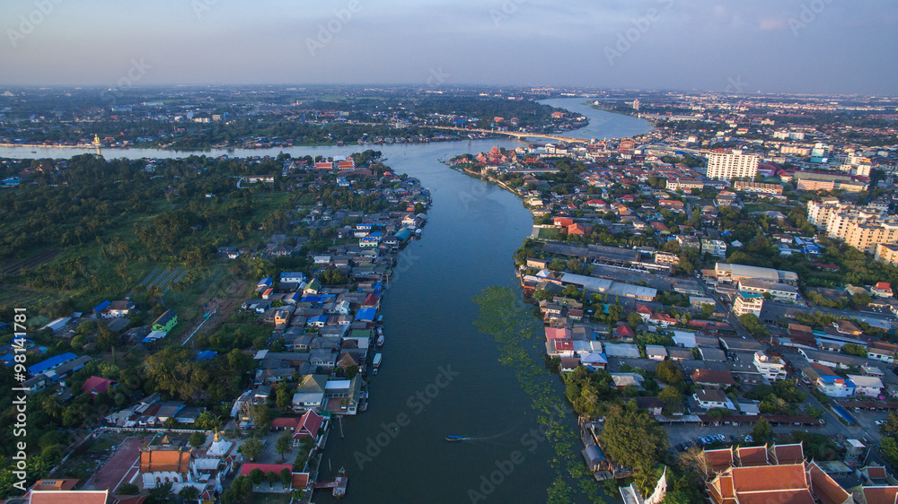 aerial view of klong lad kred important landmark of chaopraya ri