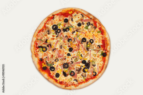 Delicious italian pizza with mozzarella cheese, bacon, sweet corn, sweet pepper, mushrooms, olives, tomatoes isolated on white background