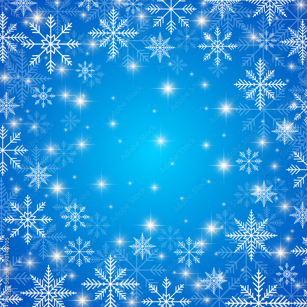 Happy New Year Card . Blue background  with golden snowflakes. Vector illustration