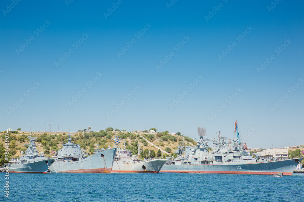 Black Sea Fleet warships are on the quay of the Sevastopol Bay
