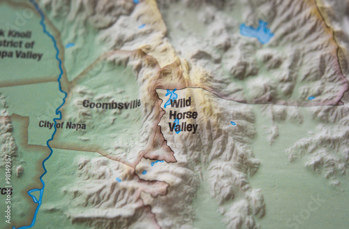 Close up Wild Horse Valley district wine area on 3D map photo