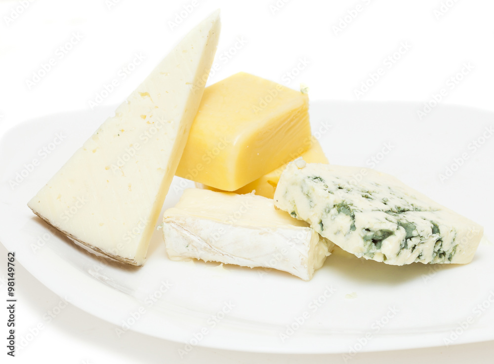 cheese board on plate on white background
