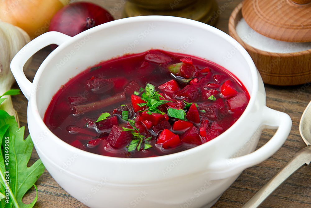 Healthy and Diet Food: Soup with Beetroot and Dumplings.