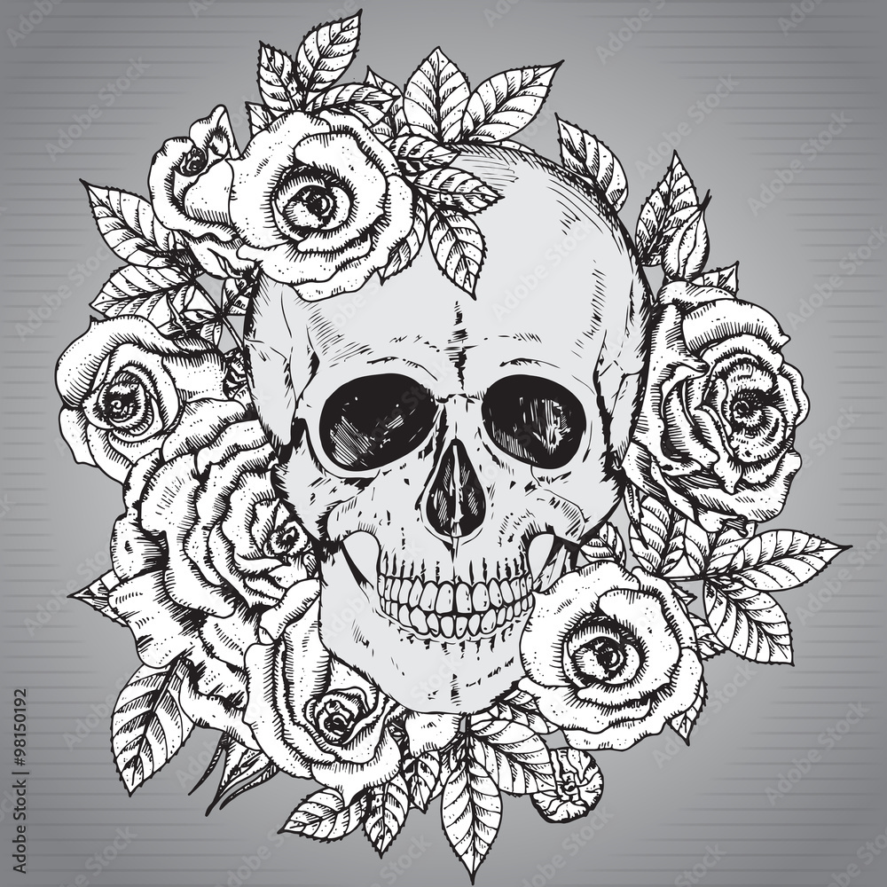 Fototapeta premium Vector illustration with hand drawn human skull with rose flower