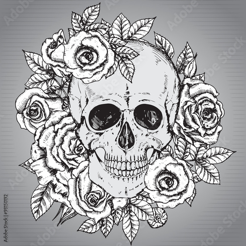 Vector illustration with hand drawn human skull with rose flower