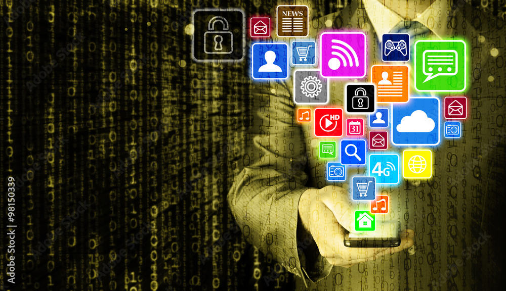 Business man using smart phone with social media icon set Business man using smart phone with social media icon set