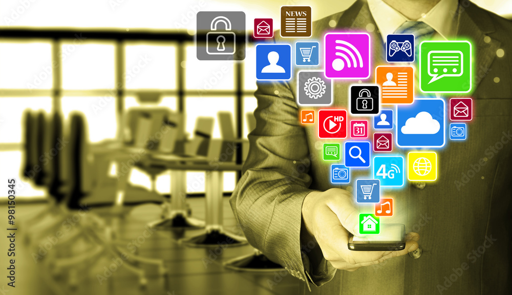 Business man using smart phone with social media icon set Business man using smart phone with social media icon set