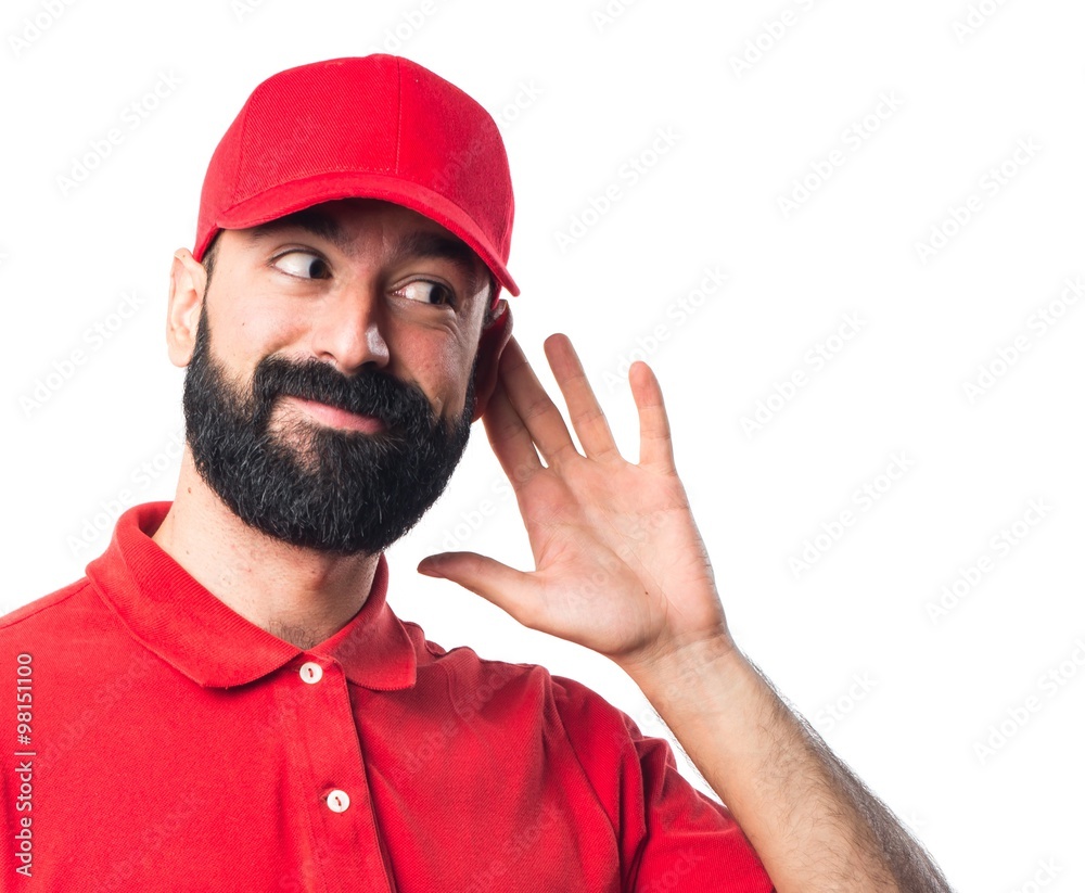 Naklejka premium Pizza delivery man listening something