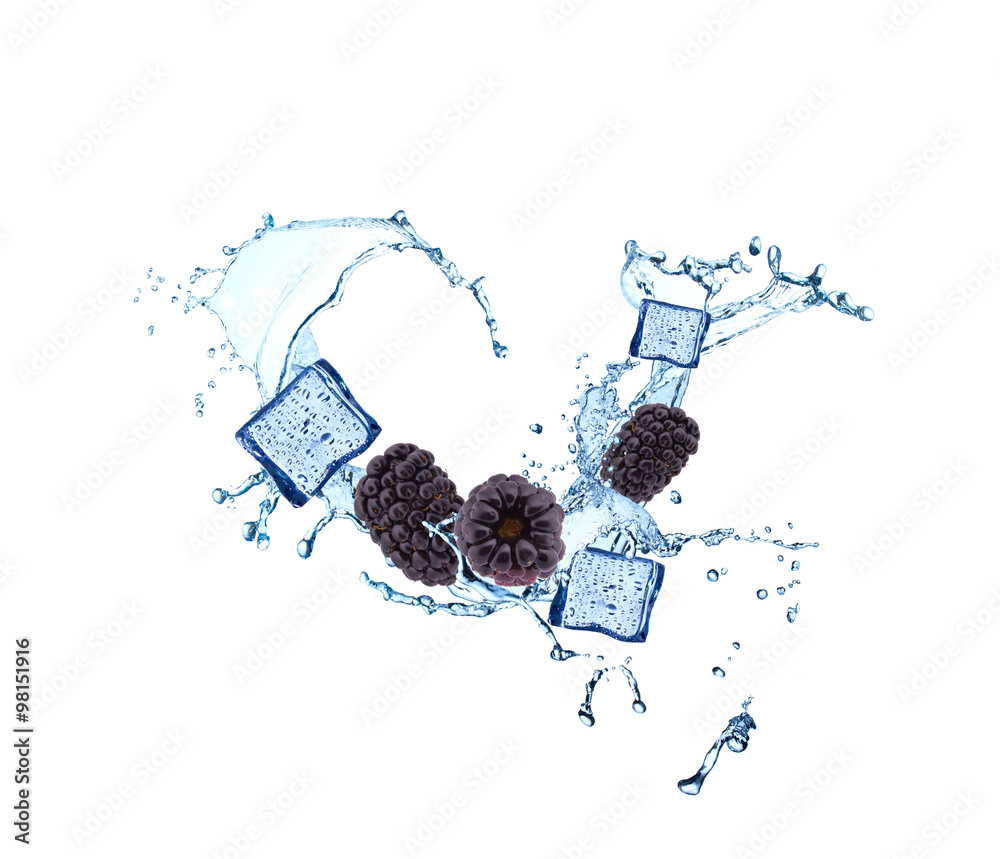 Obraz premium Water splash with fruits and ice cube isolated on white backgroud. Fresh blackberries