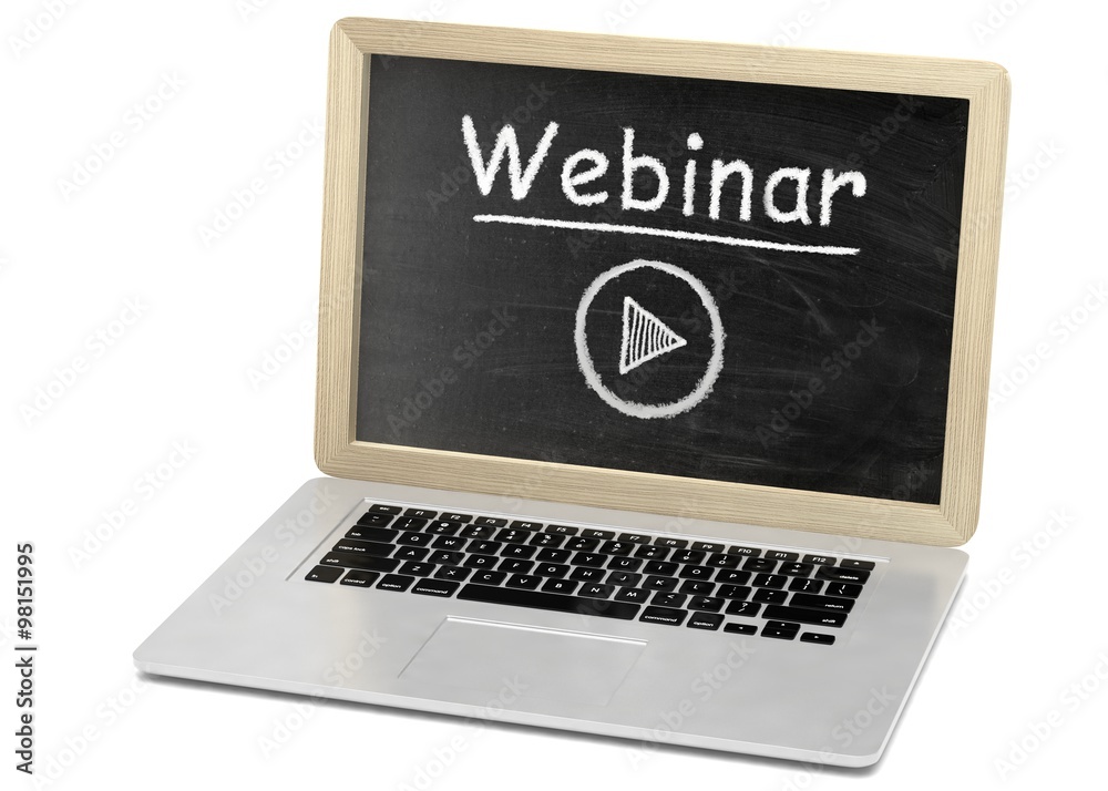  Laptop with chalkboard, video webinar, online education concept