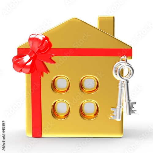 Golden house gift isolated on white background