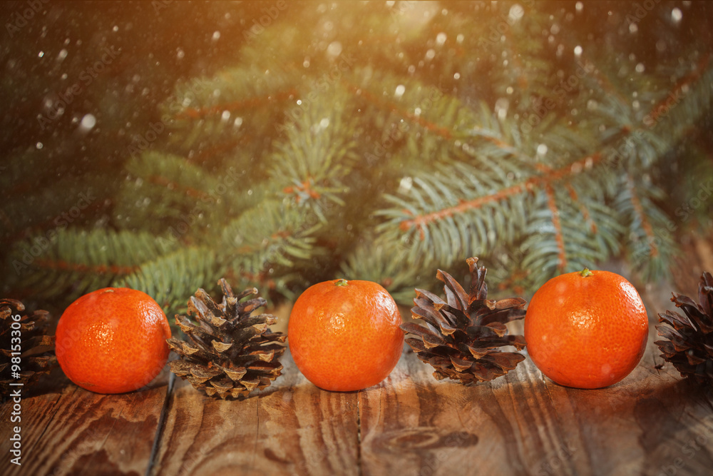 Christmas New Year composition with Tangerines and Pine cones o Christmas New Year composition with Tangerines and Pine cones o