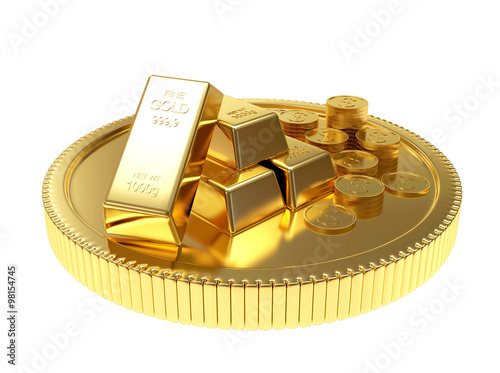 Pile of golden bars and coins on a large coin isolated on white background