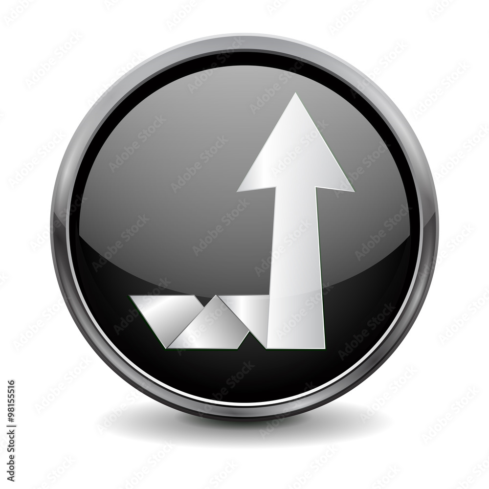 Button. Black shiny glass round button with metal frame. Up arrow icon. Button. Black shiny glass round button with metal frame. Up arrow icon.