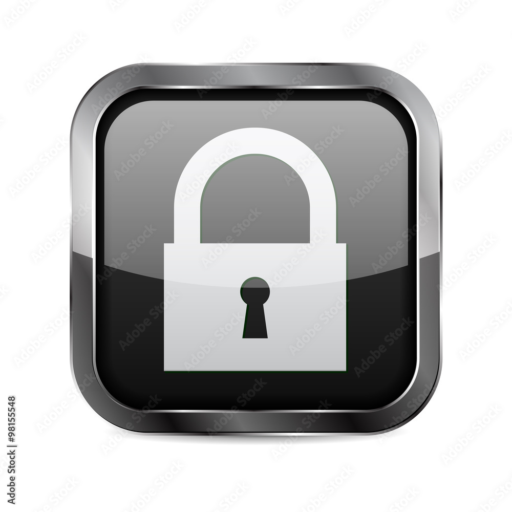 Button. Black shiny glass square button with metal frame. Closed lock icon. Button. Black shiny glass square button with metal frame. Closed lock icon.