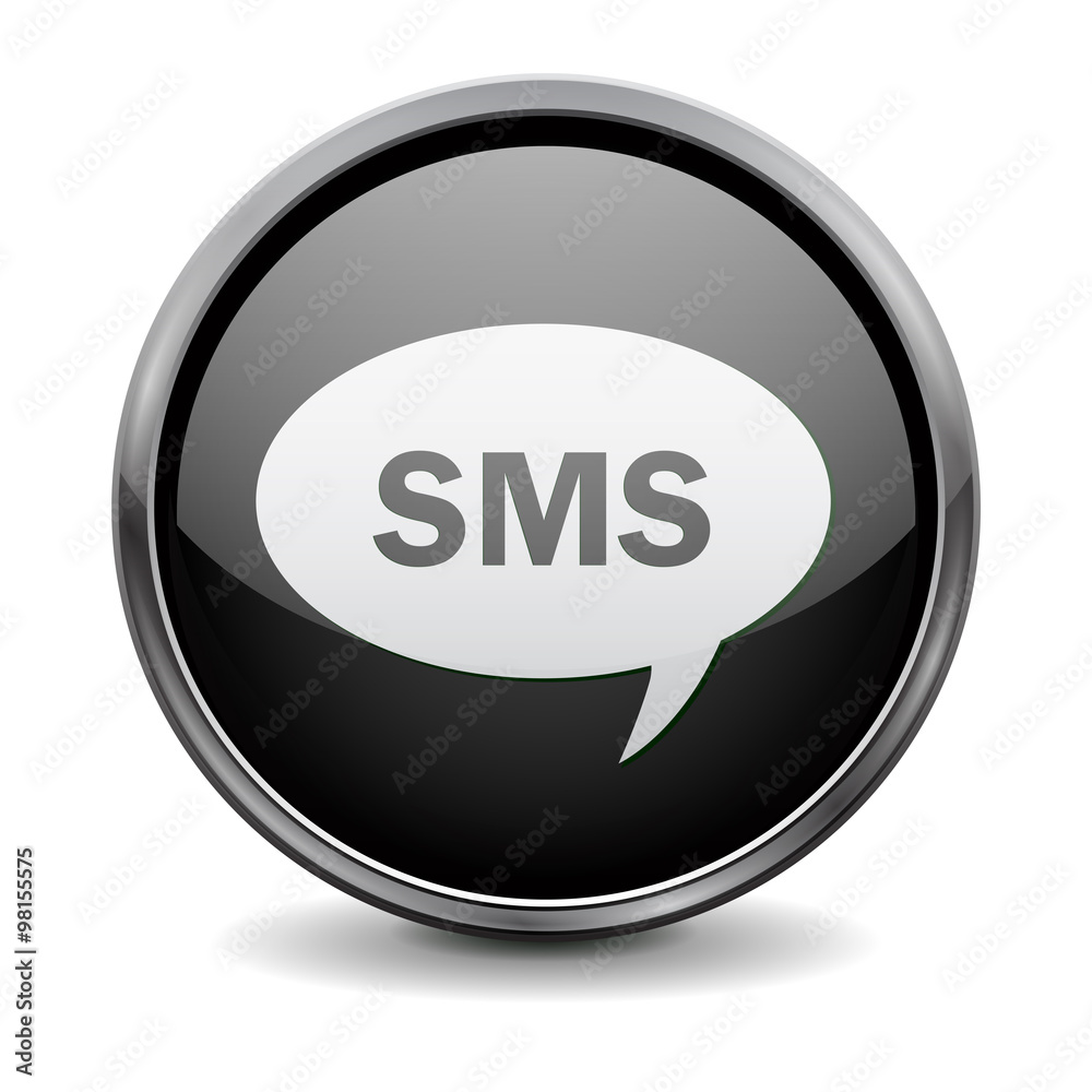 Button. Black shiny glass round button with metal frame. SMS icon Button. Black shiny glass round button with metal frame. SMS icon