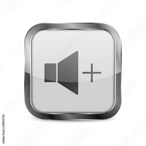 Square Button. Shiny glass button with metal frame. Speaker volume icon.  photo