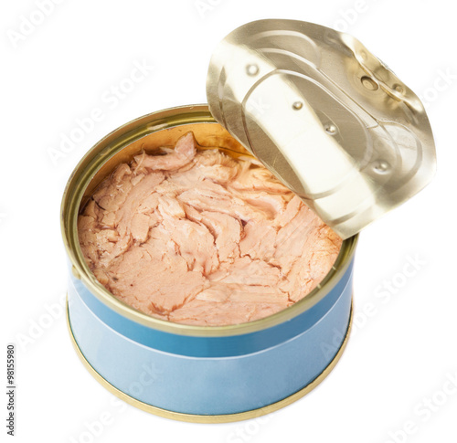 open tuna tin on a white background