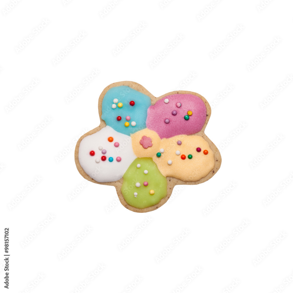 Homemade gingerbread cookie with colored frosting isolated on a