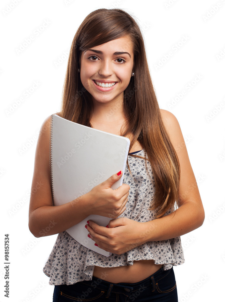 portrait of young woman holding a notebook isolated on white portrait of young woman holding a notebook isolated on white