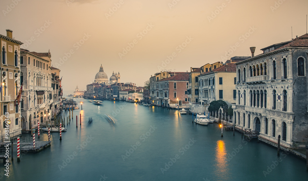 Grand Canal and Basilica Santa Maria della Salute during sunset, Venice, Italy