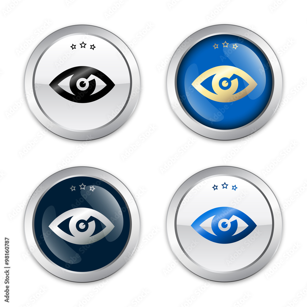 Searching seal or icon with eye symbol. Glossy silver seal or button. Searching seal or icon with eye symbol. Glossy silver seal or button.