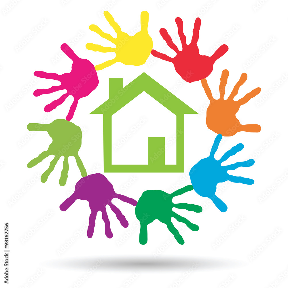 Vector concept circle of hands, green house symbol Vector concept circle of hands, green house symbol
