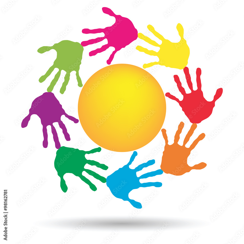 Vector concept circle of hands, yellow sun symbol Vector concept circle of hands, yellow sun symbol