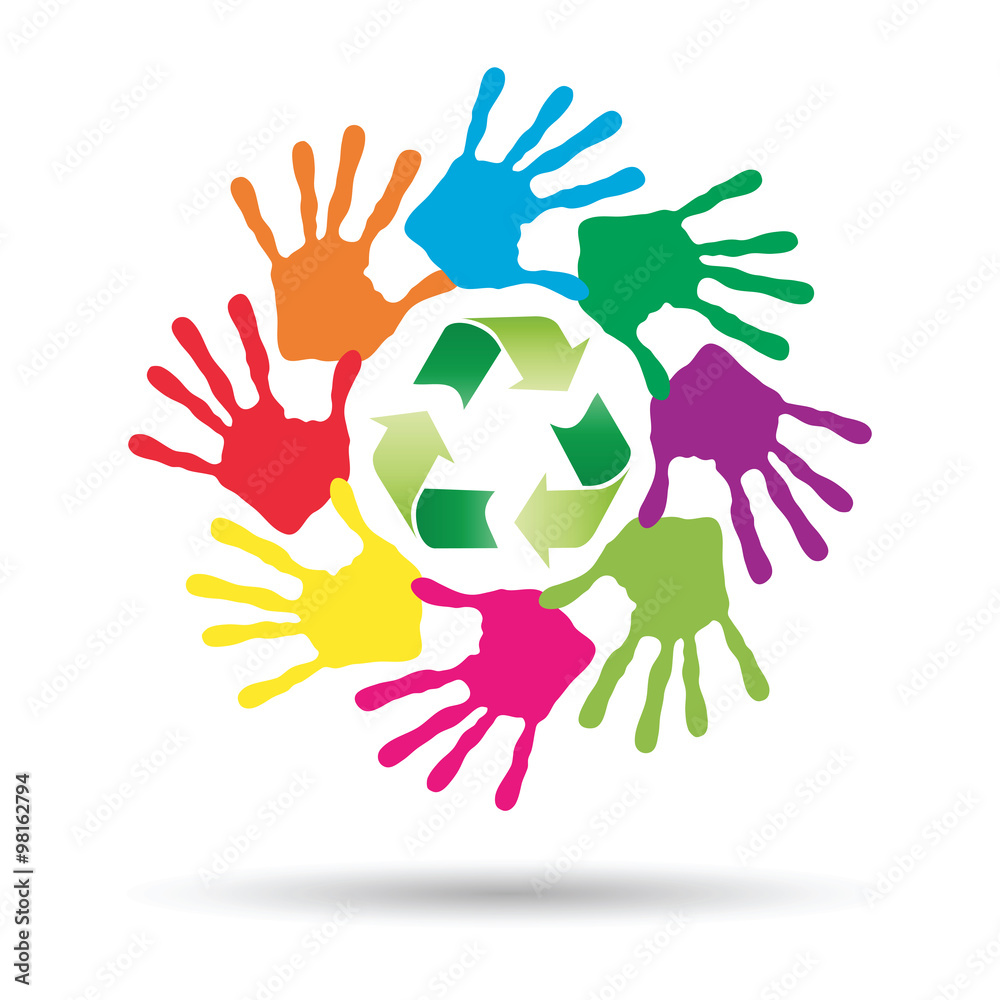 Vector concept circle of hands, green recycle symbol