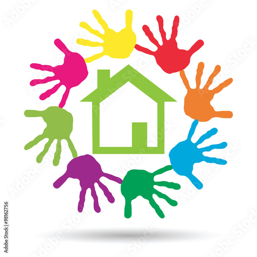 Vector concept circle of hands, green house symbol