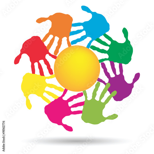 Vector concept circle of hands, yellow sun symbol