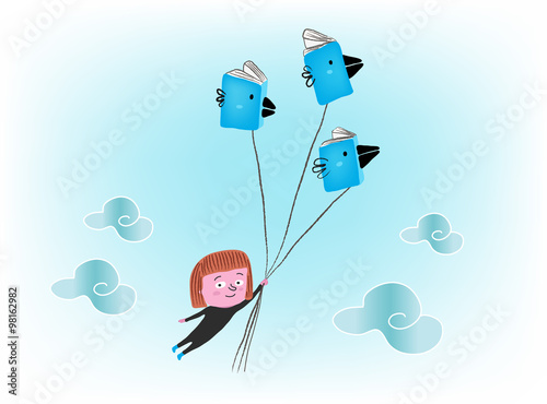 Girl flying with books, vector illustration