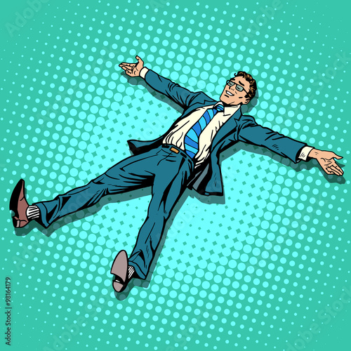 The businessman is resting with outstretched arms and legs