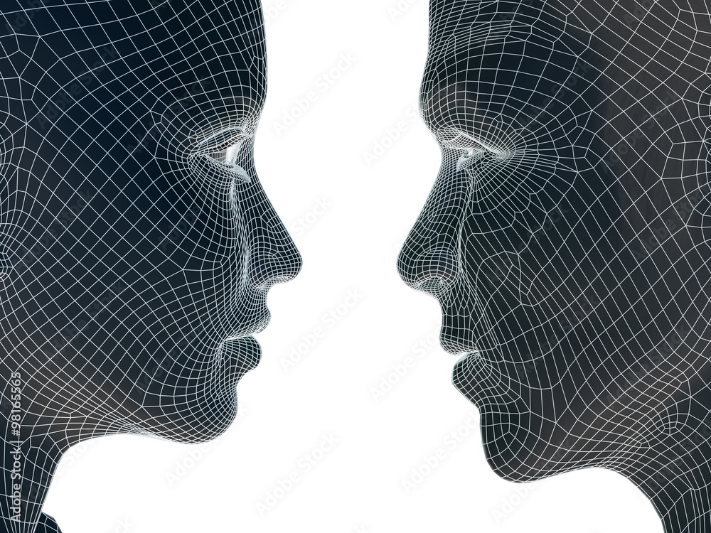 Conceptual wireframe mesh man woman face Conceptual wireframe mesh man woman face