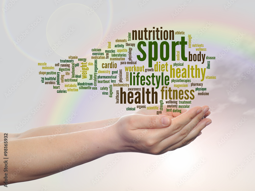 Conceptual health word cloud over rainbow Conceptual health word cloud over rainbow
