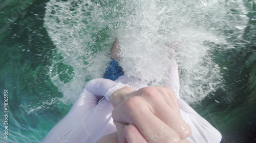 Point Of View, personal perspective of a man jumping from a cliff.
