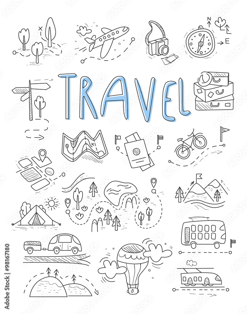 Travel, camping icons in Doodle style great set