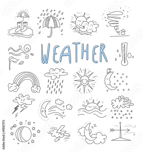 Hand draw cartoon weather events doodle icons 