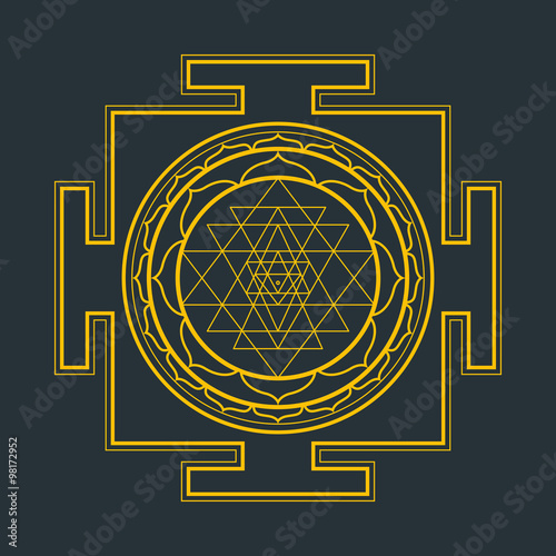 Photo monocrome outline Sri yantra illustration.
