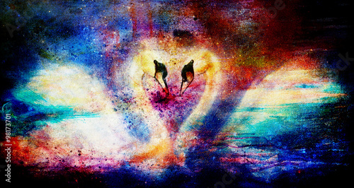 Romantic two swans on color abstract structure background.