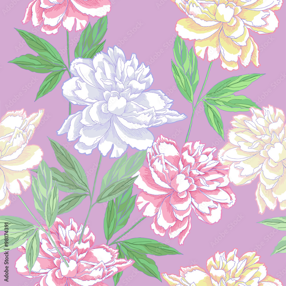 Green Seamless pattern  with peonies