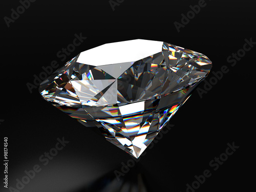 Realistic diamond placed on black background with soft reflection, 3d illustration. 