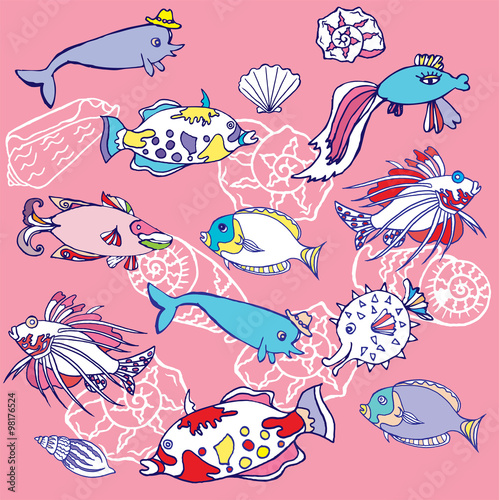  Background with  fishes and cockleshells