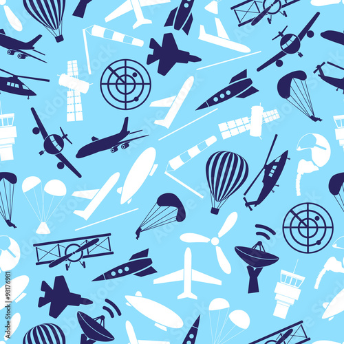 aviation icons set blue seamless pattern eps10