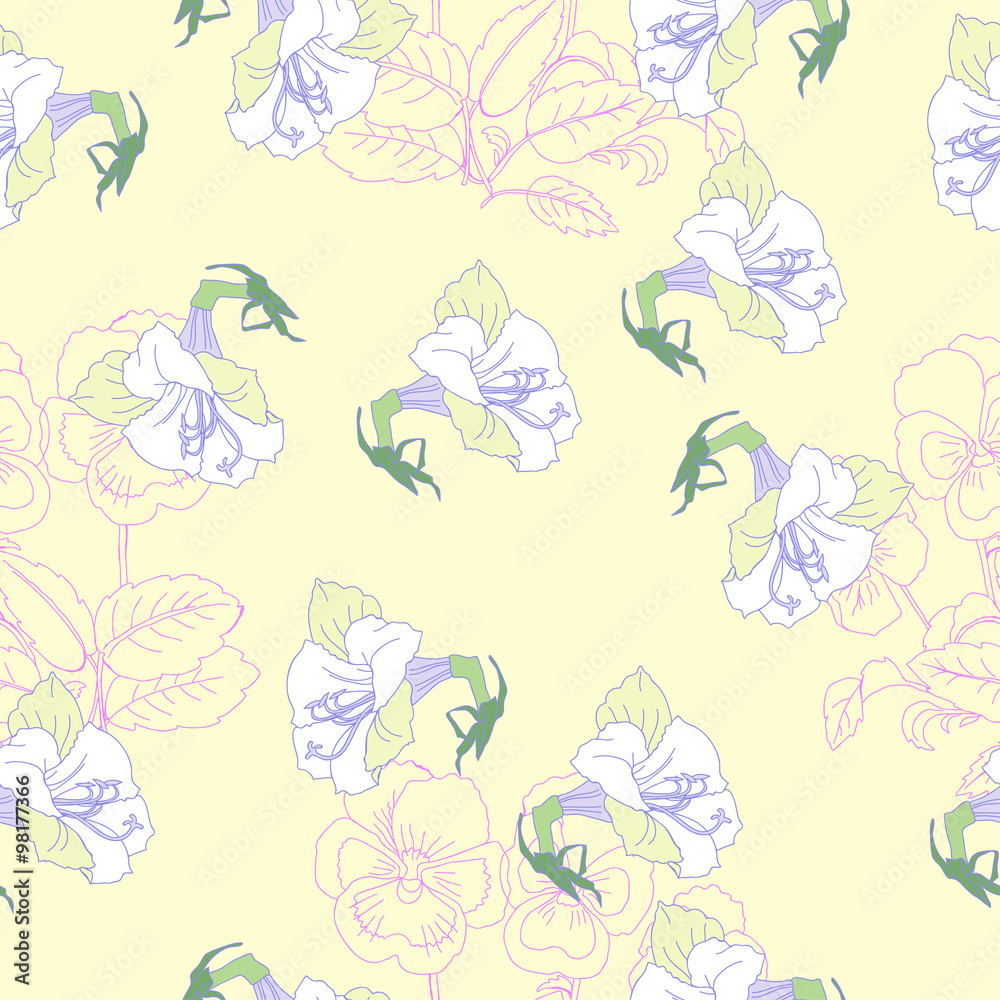 Fototapeta premium Pink Seamless pattern with lilac and flowers