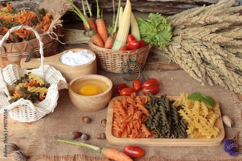 Raw homemade italian pasta colorful for cooking.